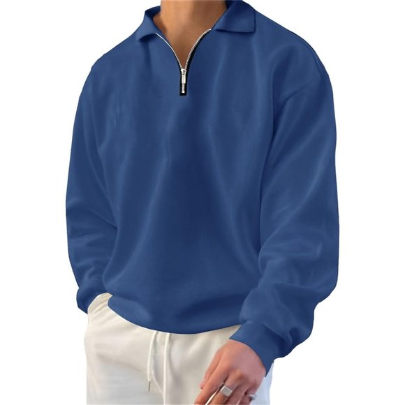 Men's Thermal Loose Long Sleeve Polo Shirts-Casual  Pullover Quarter Zip - Picture 1 of 6